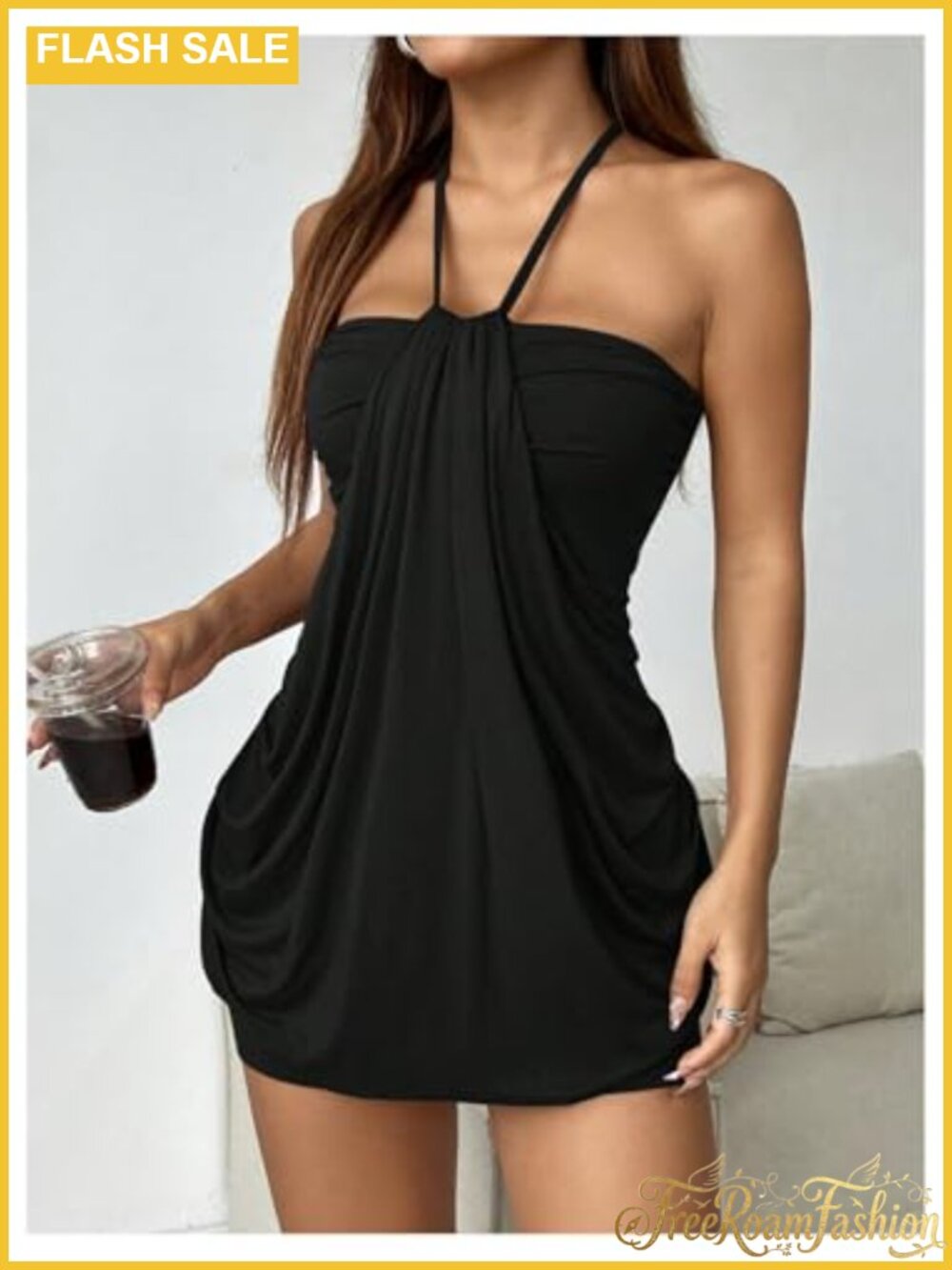 Halter Ruched Bodycon Mini Dress Y2k Club Party - Picture 3 of 5